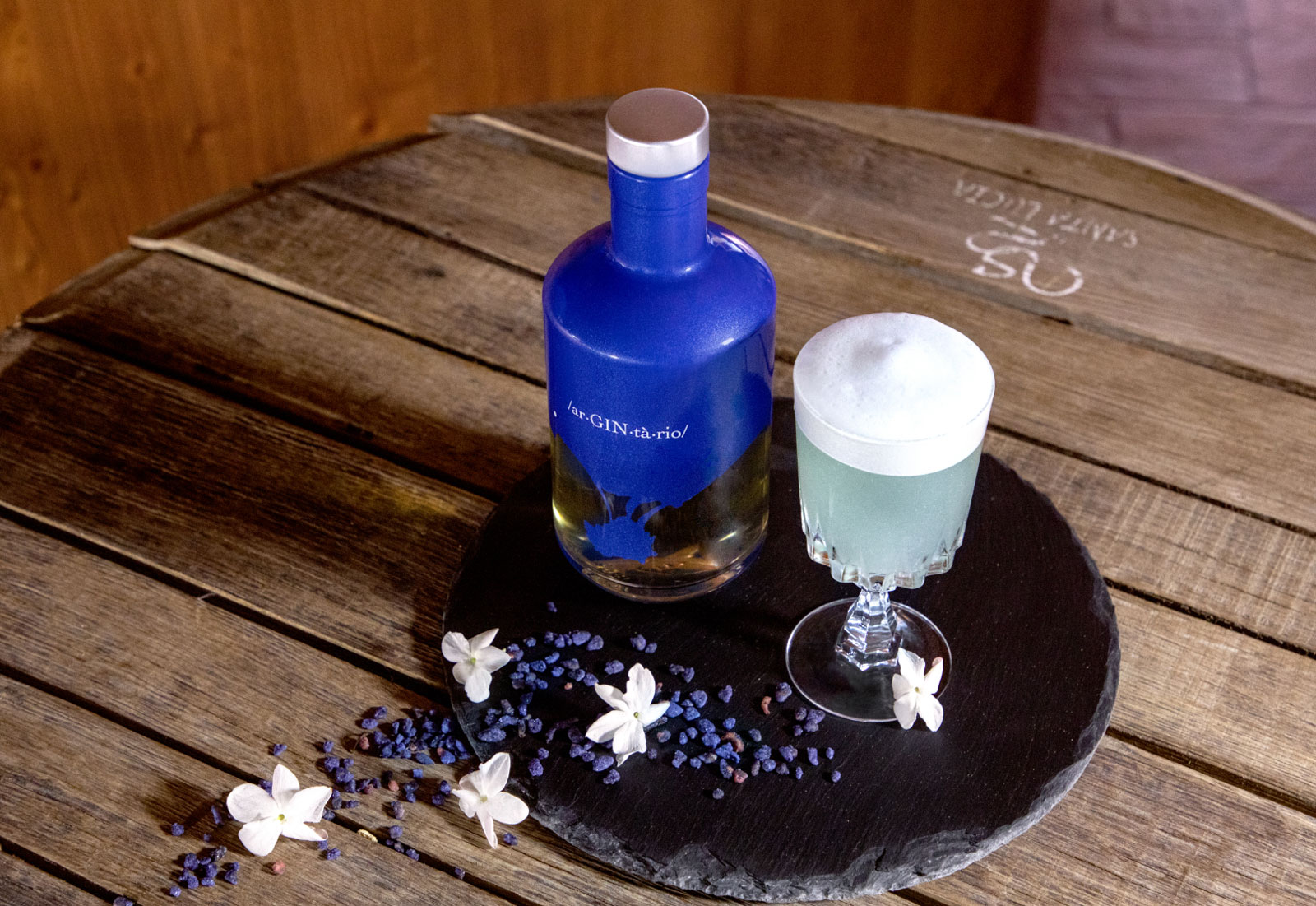 composizione con bottiglia Argintario, cocktail realizzato con il gin, disposti su un vassoio